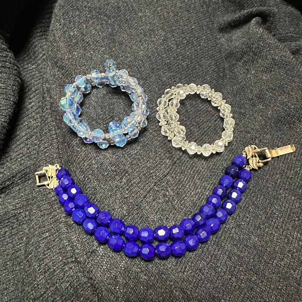 Three Vintage Crystal Bead Bracelets Lapis Blue Light Blue Clear Crystal Small
